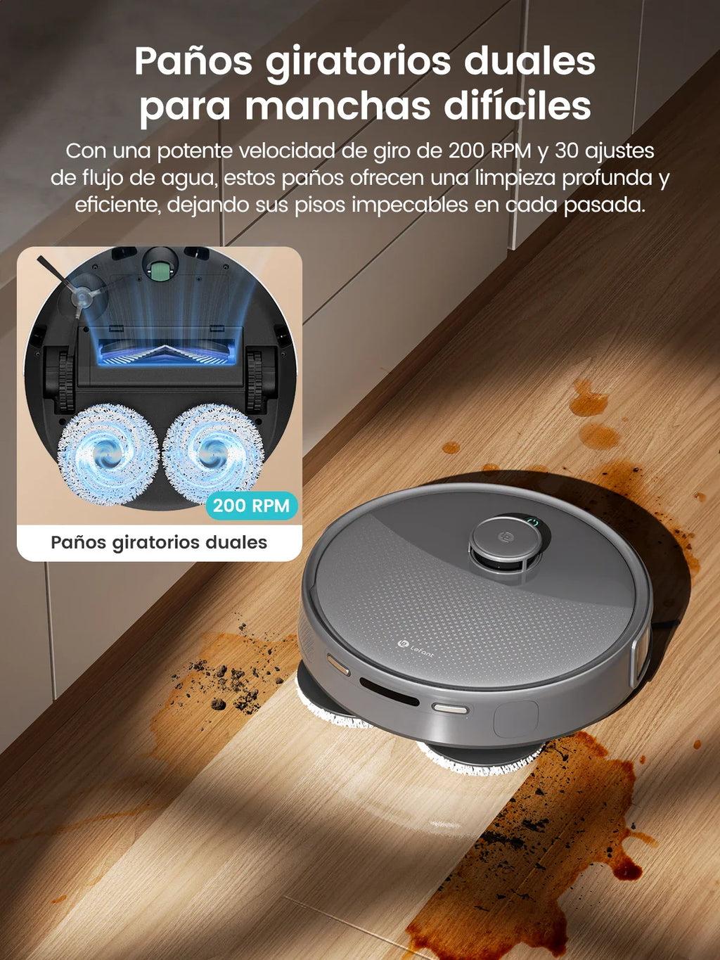 Robot vacuum mop cleaning spilled liquid on a wooden floor with technical feature inset