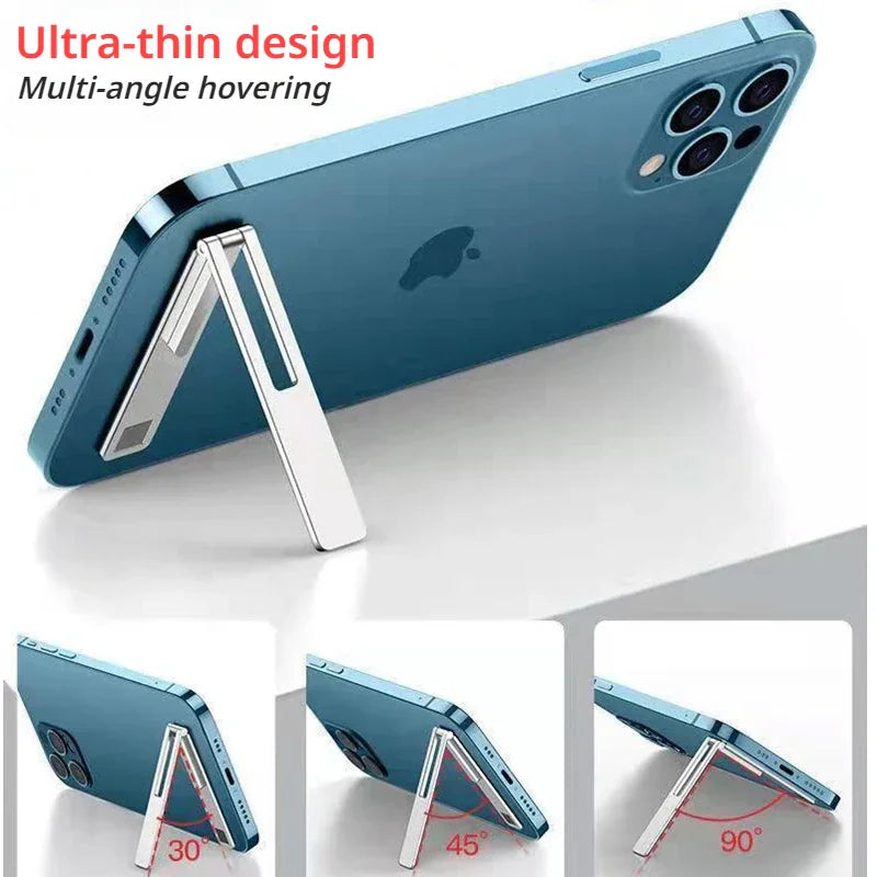 A foldable phone stand shown at multiple viewing angles on a smartphone.