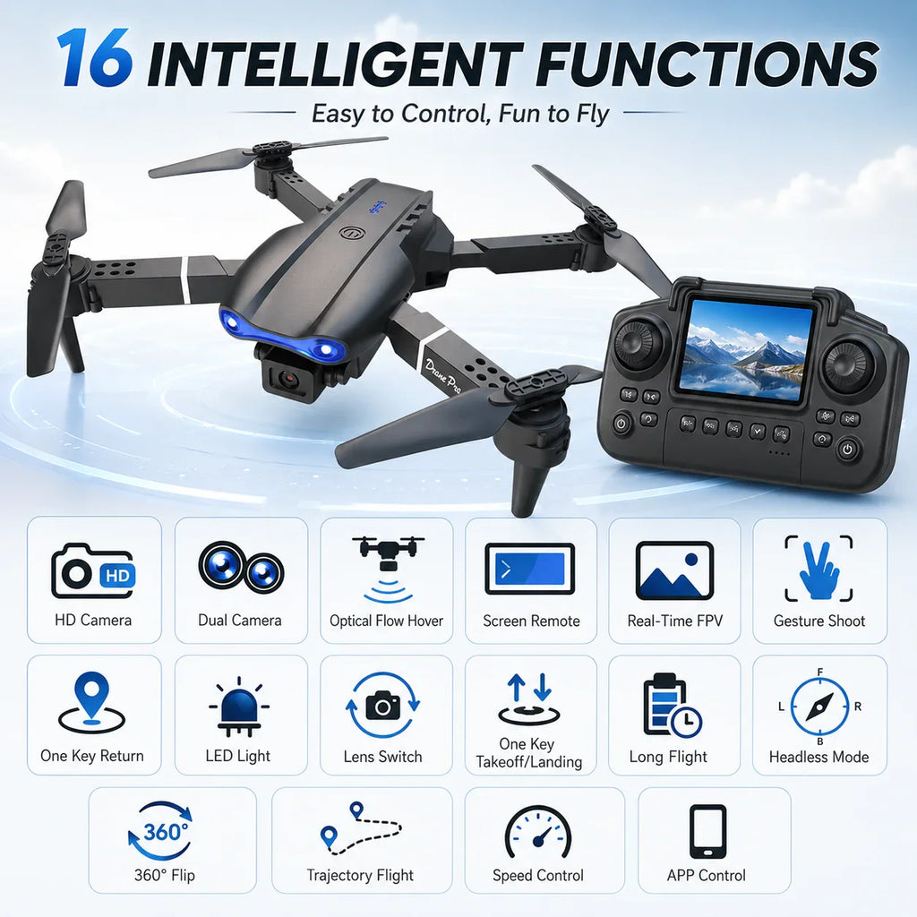 Foldable black RC drone with camera, remote controller with screen, and feature icons.
