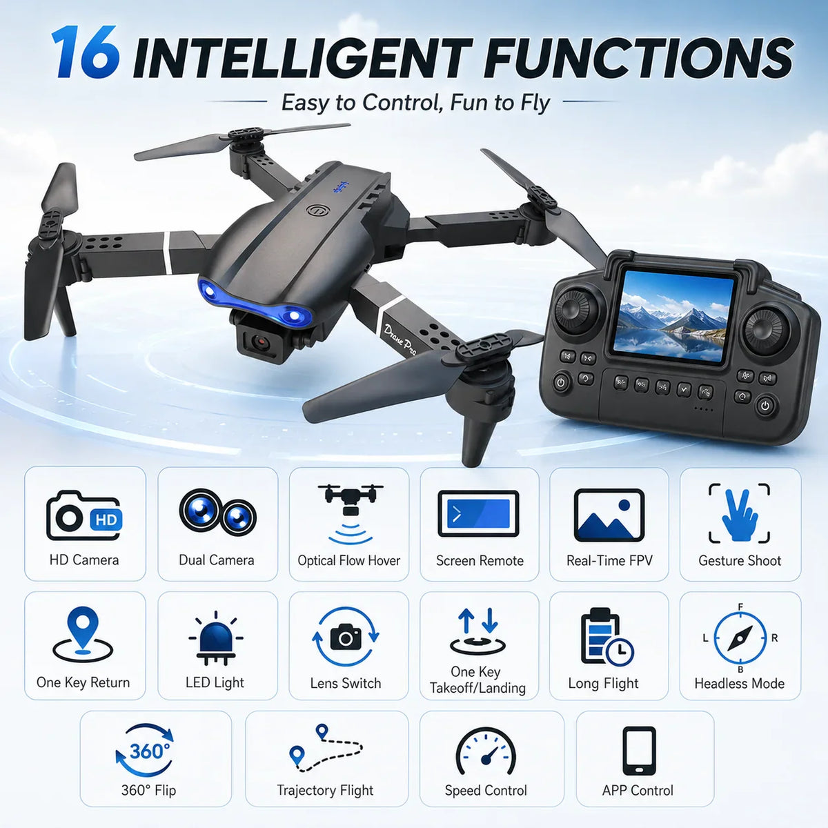 Foldable black RC drone with camera, remote controller with screen, and feature icons.