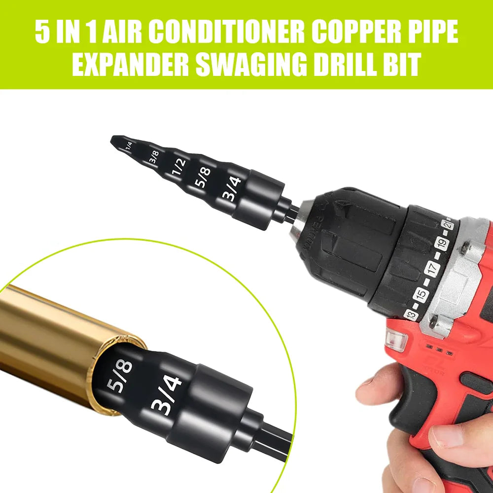 Copper pipe swaging drill bit attached to a power drill