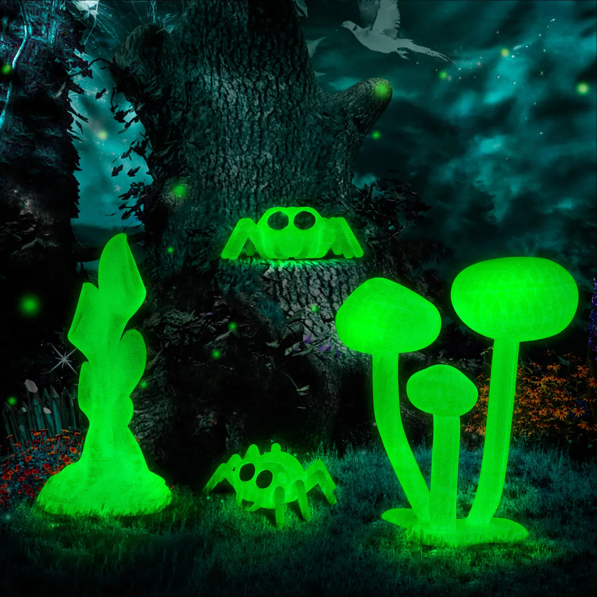 Various glowing green 3D printed shapes including a tree, spider, and mushrooms
