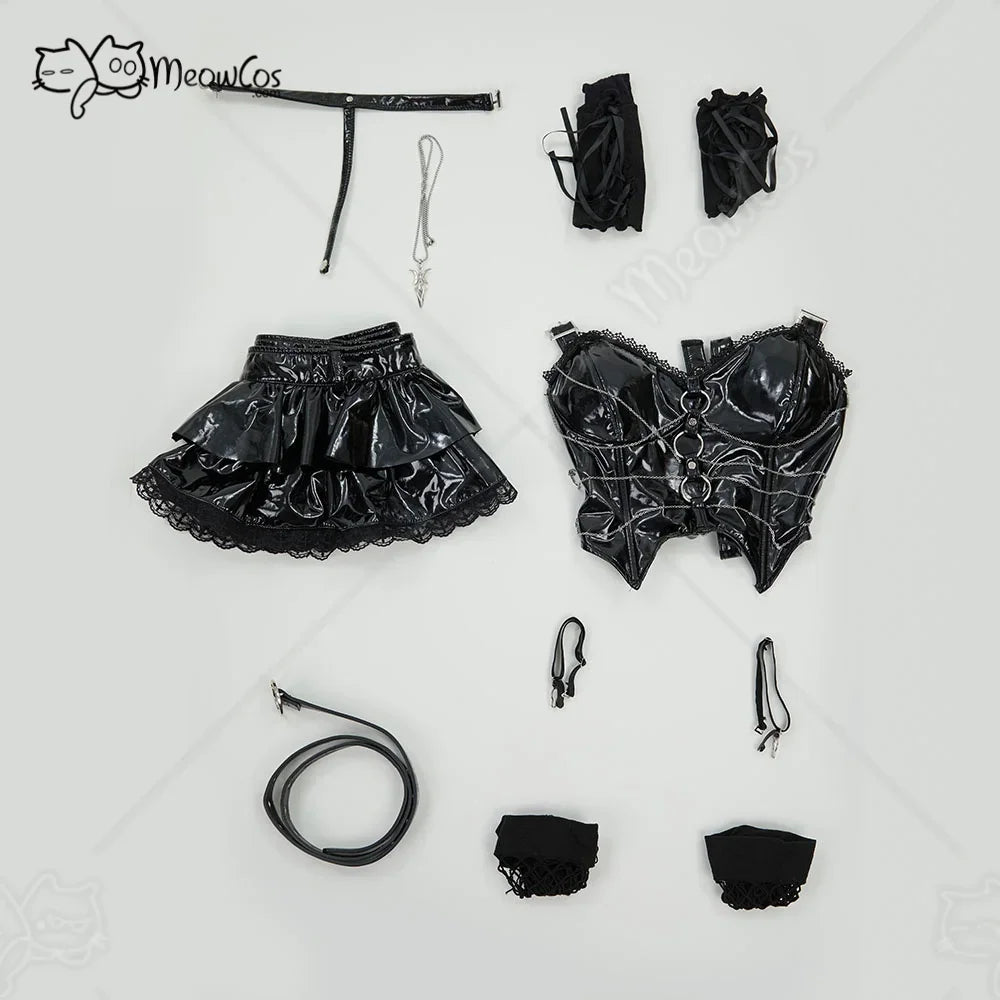 Flat lay of black gothic faux leather costume pieces including corset, skirt, belt, choker, necklace, and arm sleeves