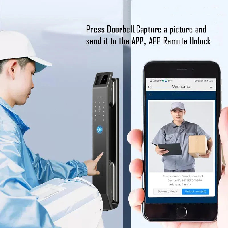 Delivery person at a door with smart lock, shown on a smartphone app for remote monitoring and unlocking.
