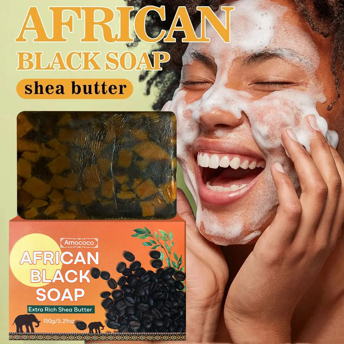 Bar of African black soap and its packaging box next to a person with foamy soap on their face