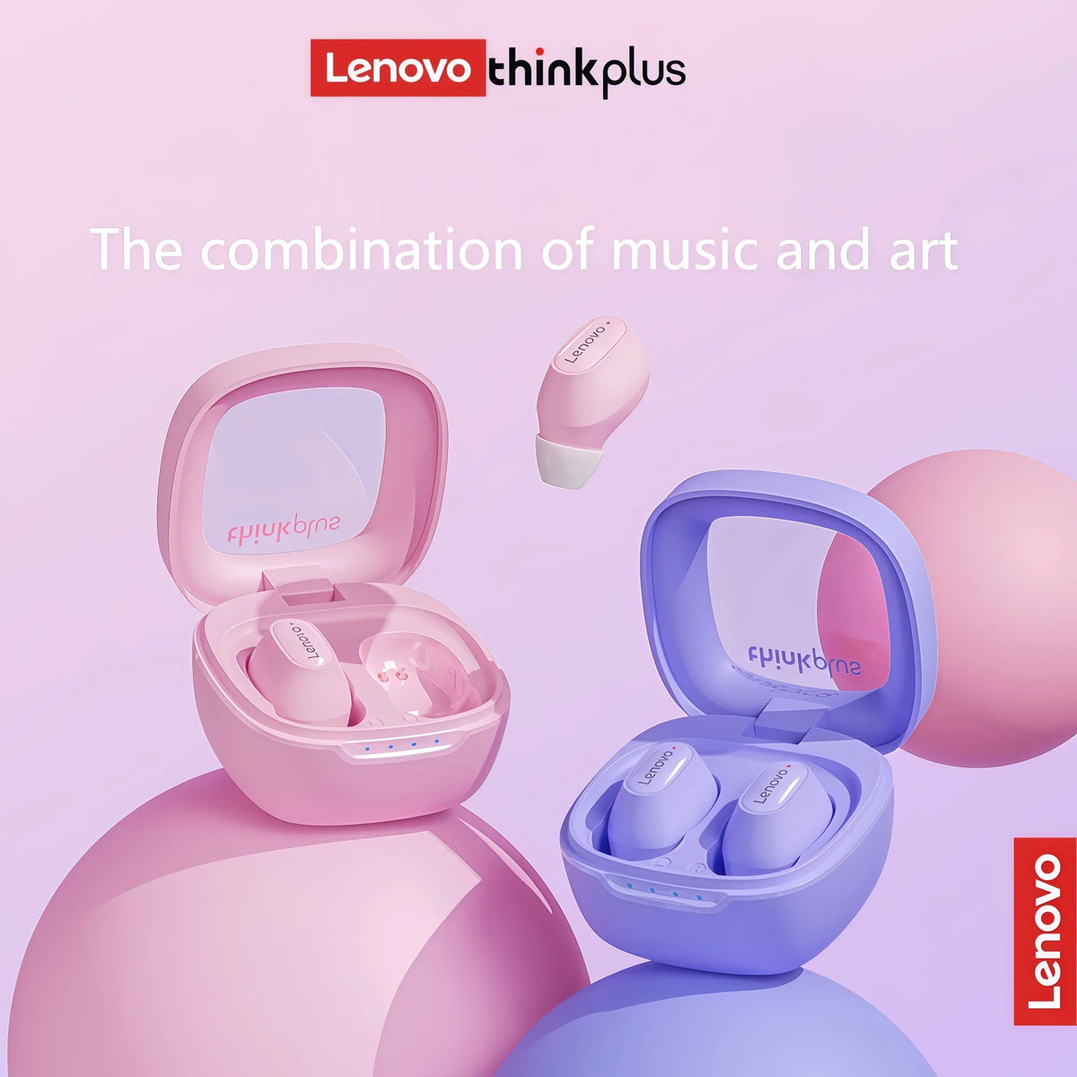 Pink and purple wireless earbuds in charging cases on a soft background
