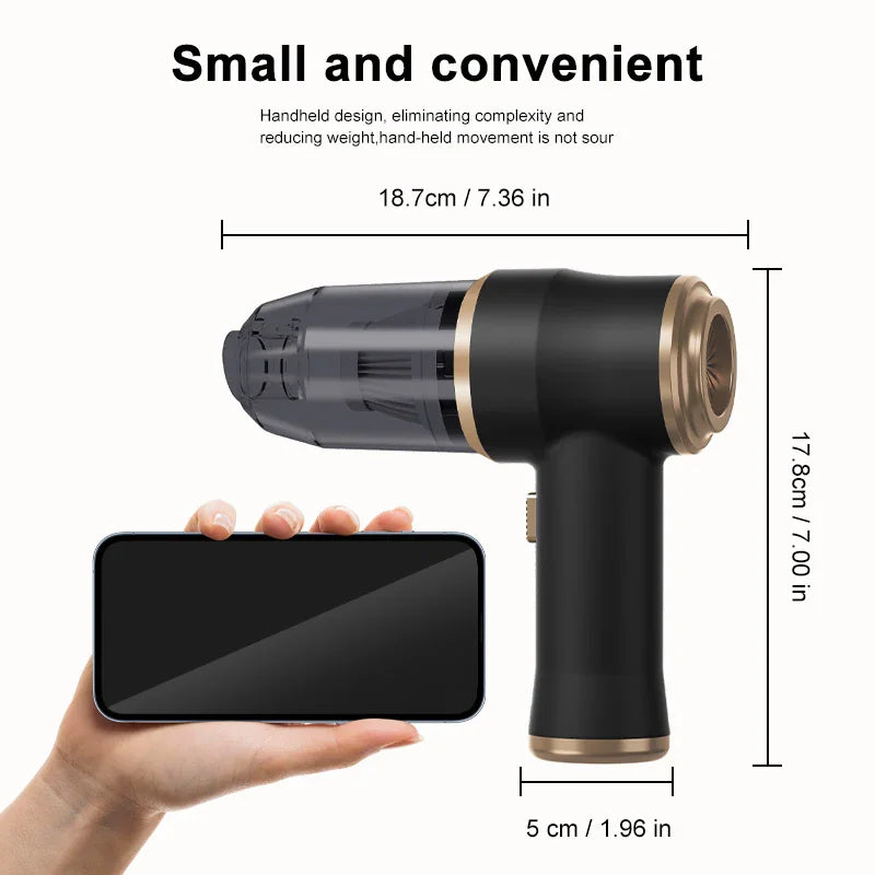 Handheld vacuum cleaner shown with dimension labels and a smartphone for scale.