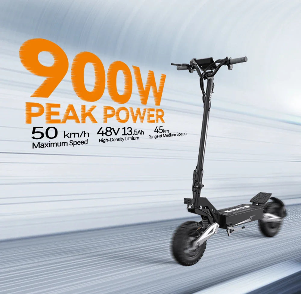 Black electric scooter shown with power and speed specifications overlay