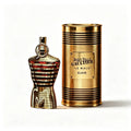 Gold striped male torso shaped perfume bottle and matching gold metal canister