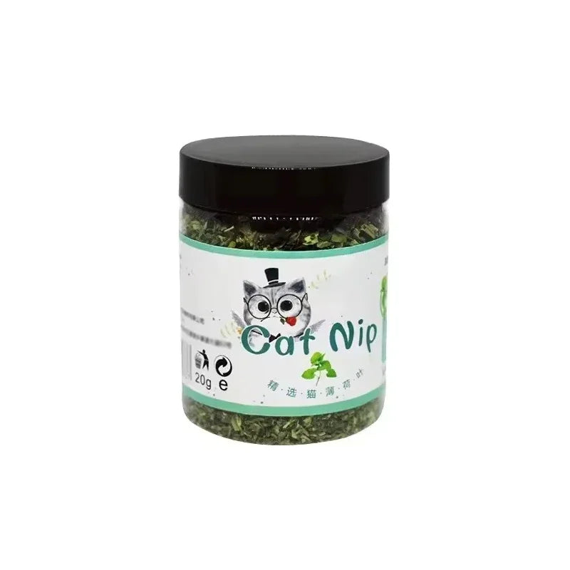 A clear plastic jar filled with organic dried catnip