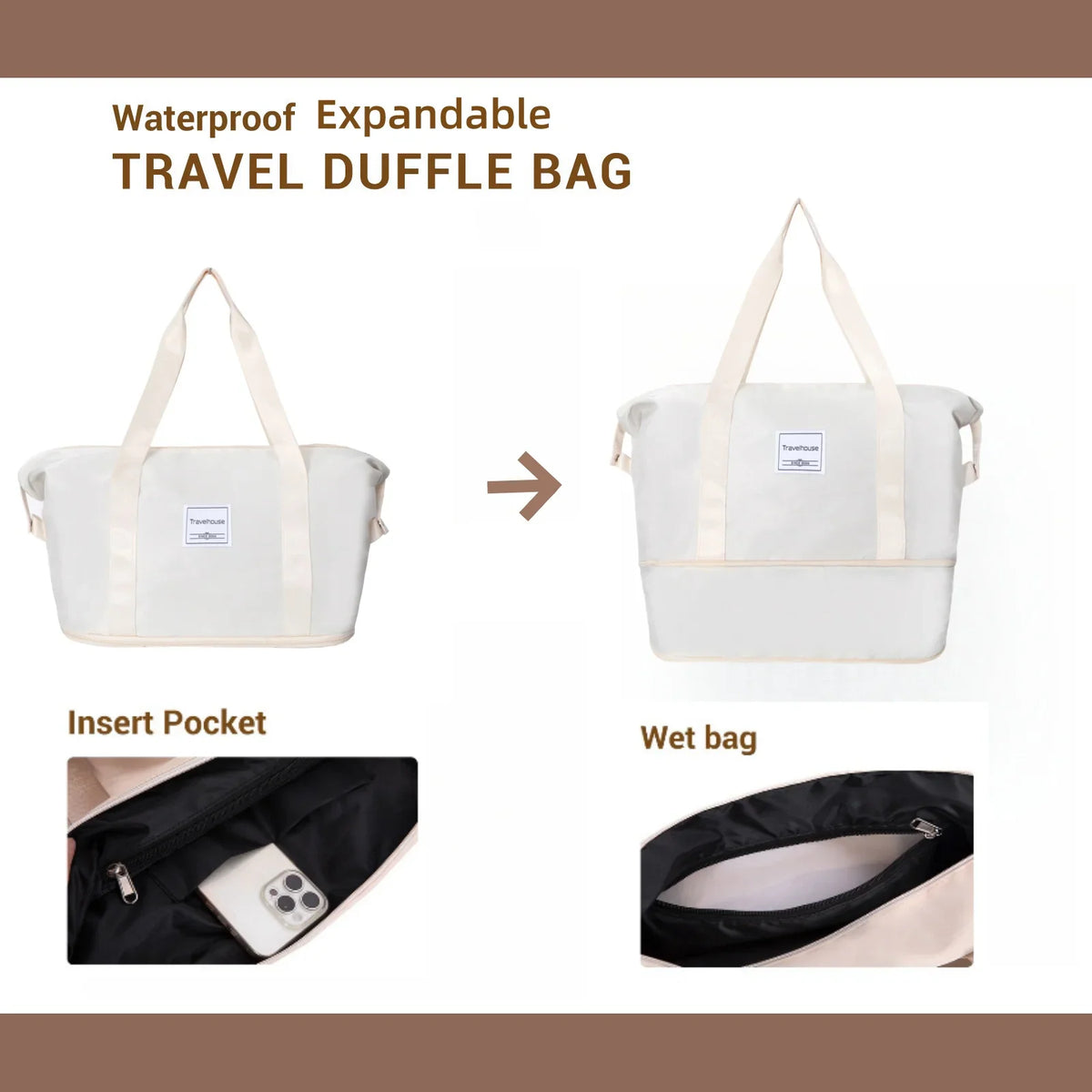 An expandable travel duffle bag demonstrating its features, including an insert pocket and a wet storage bag.
