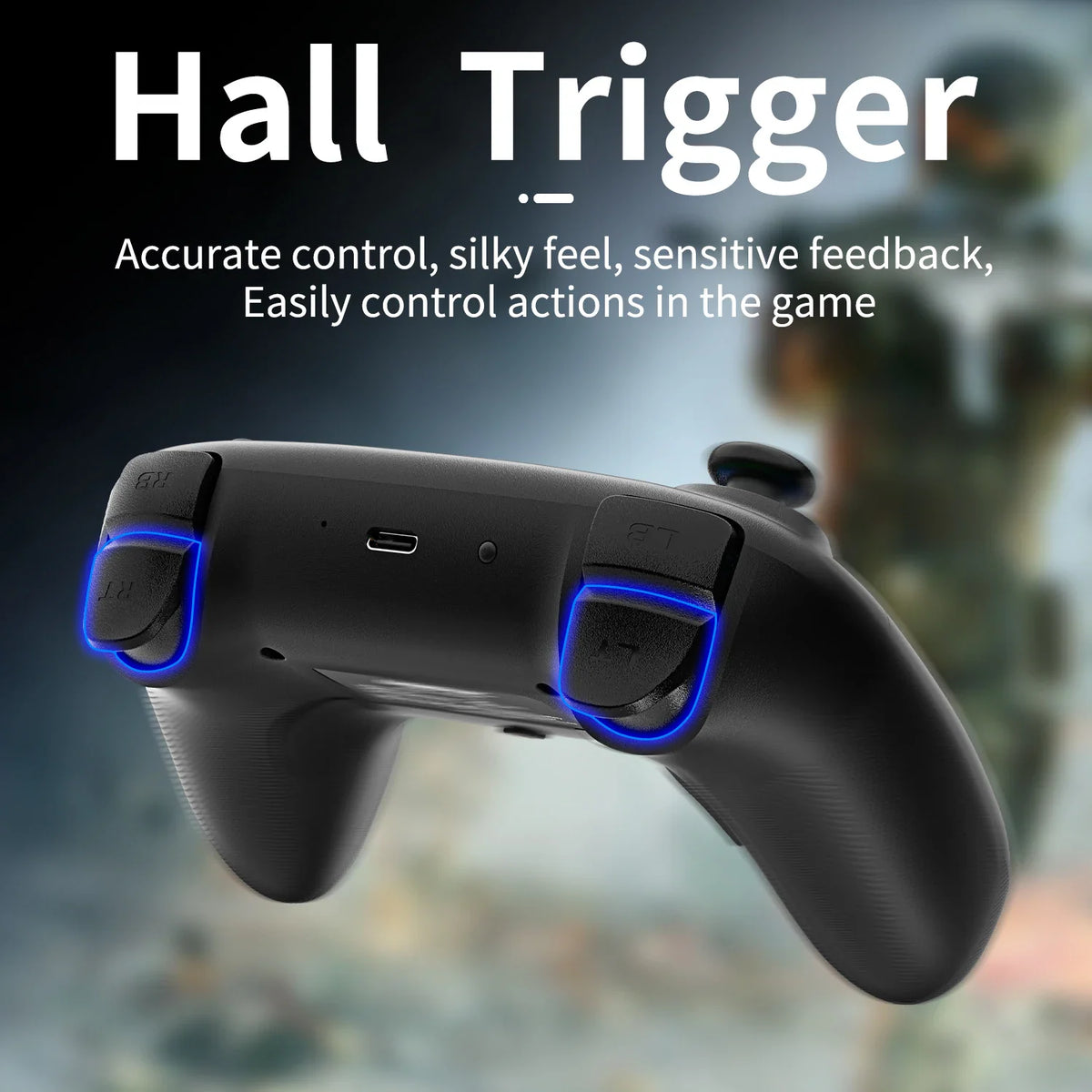 Close up of the back of a black gaming controller showing illuminated hall effect trigger buttons
