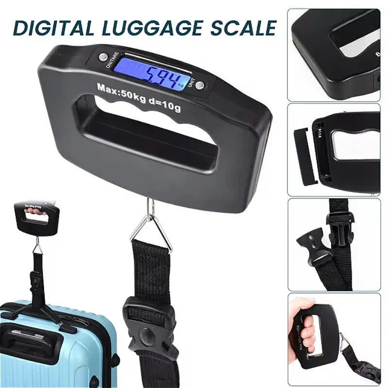 A black digital handheld luggage scale showing various angles, parts, and its use with a blue suitcase.