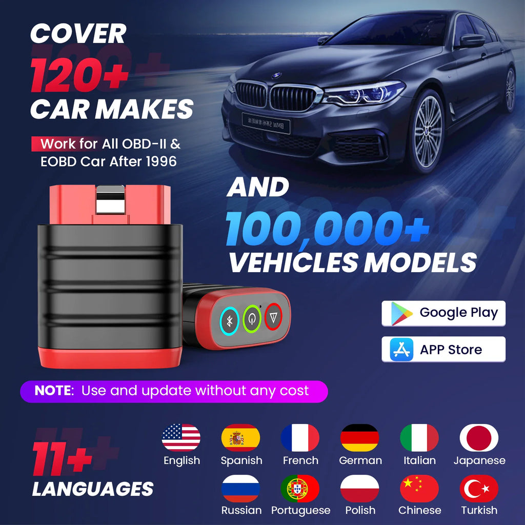 OBD2 car scanner tool compatible with over 120 car makes and various languages.
