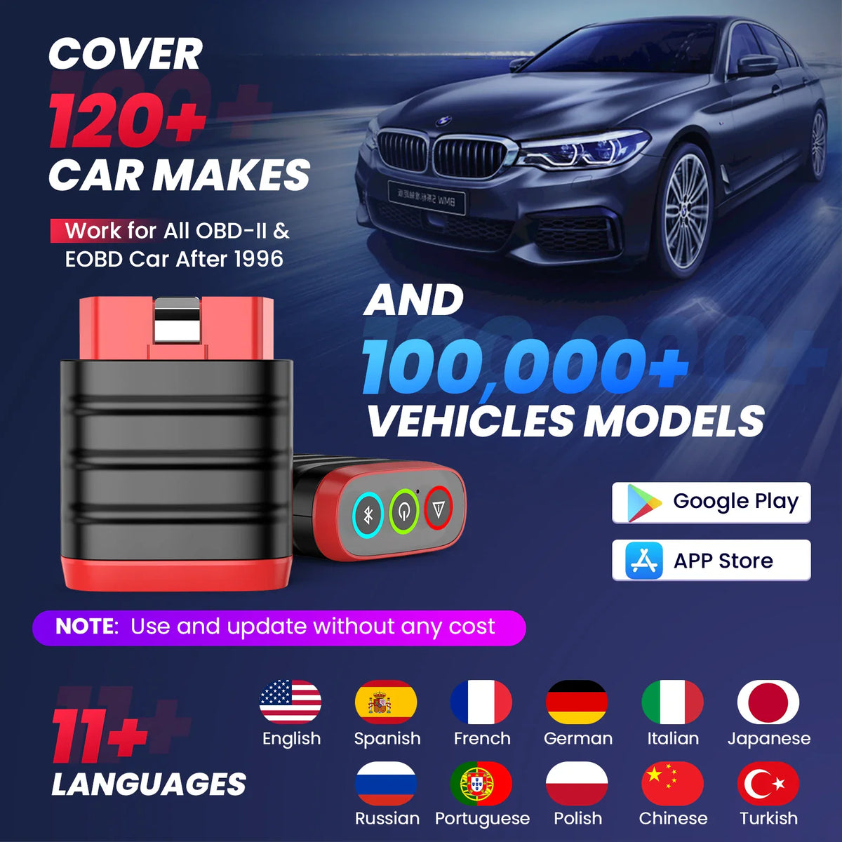 OBD2 car scanner tool compatible with over 120 car makes and various languages.