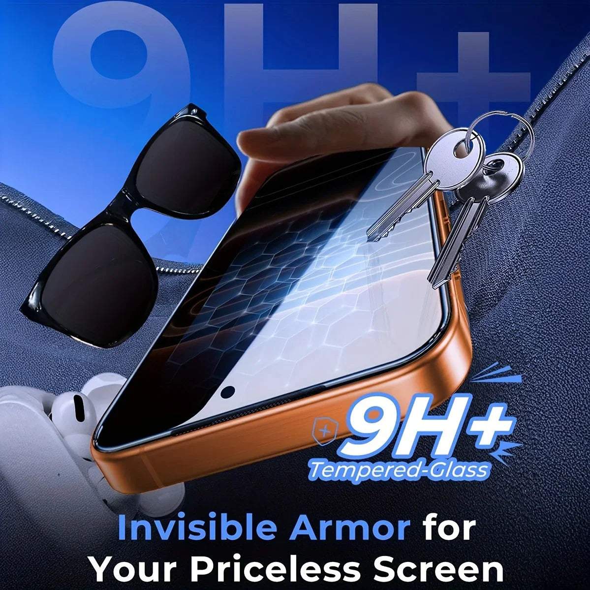 9H tempered glass screen protector on smartphone displaying scratch resistance