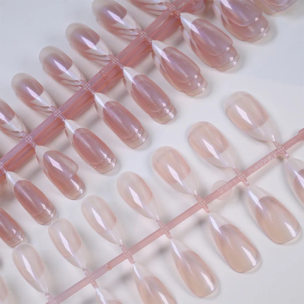 Full tray of french tip almond-shaped pearlescent press-on nails