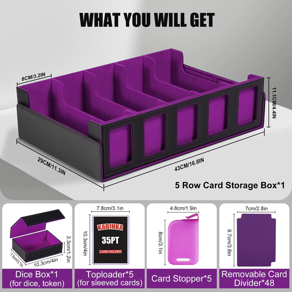 Dimensions and components of a 5-row trading card storage box with dice tray, card stoppers, and removable dividers.