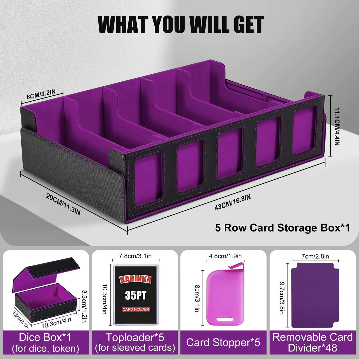 Dimensions and components of a 5-row trading card storage box with dice tray, card stoppers, and removable dividers.
