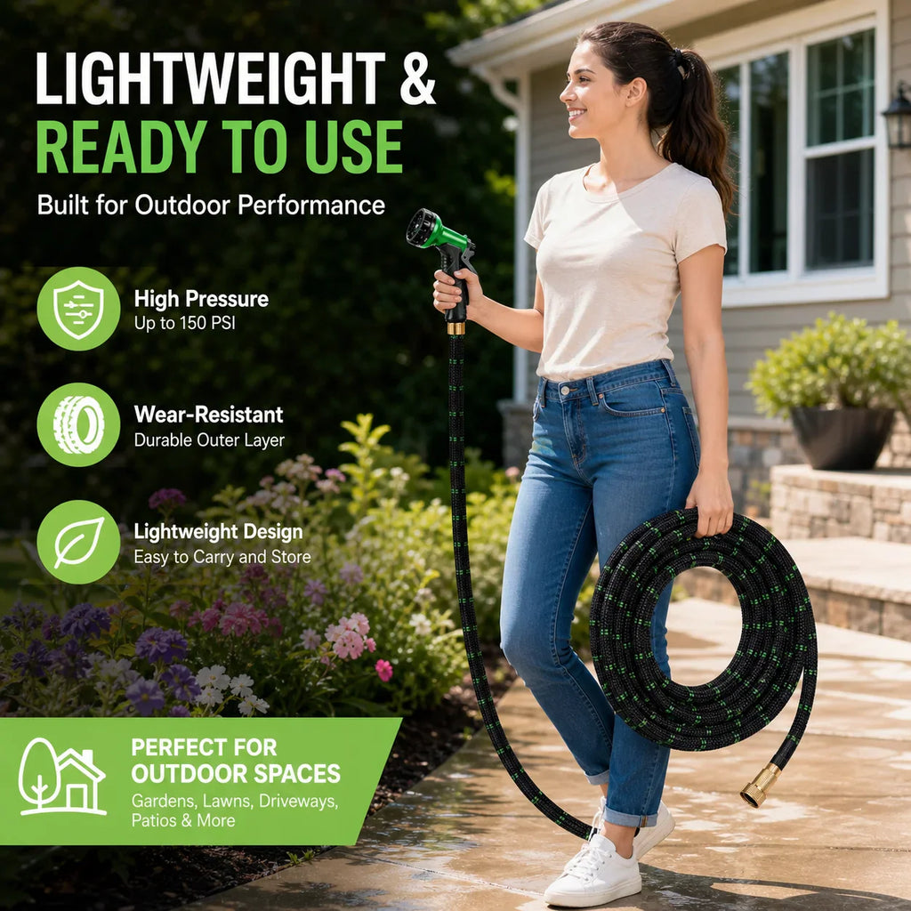 Woman holding garden hose with overlaid text and product benefits