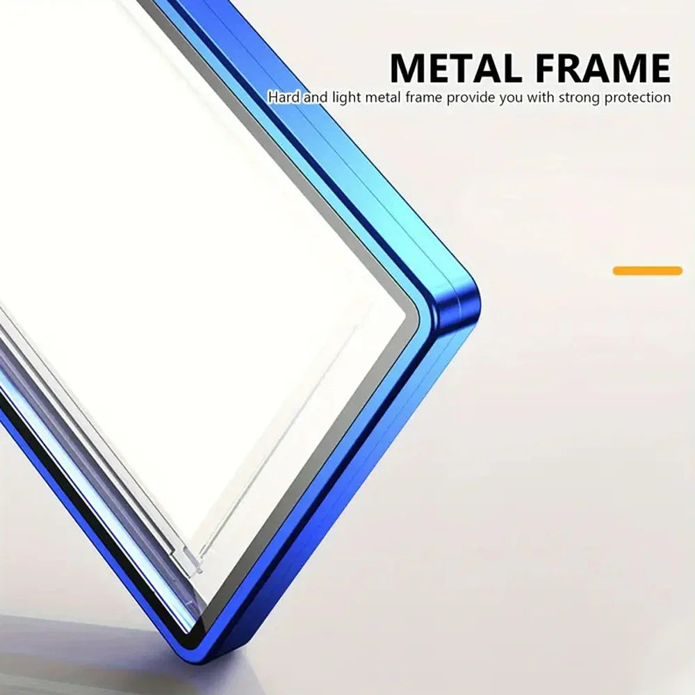 A close-up of a blue metallic frame for a protective trading card holder