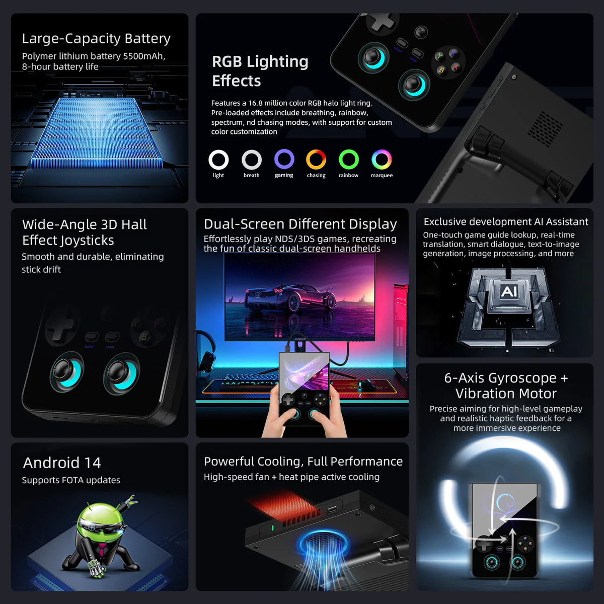 Collage of feature highlights including battery, RGB lights, and internal cooling for a handheld console.