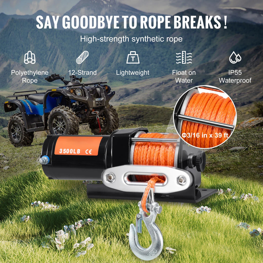 Electric winch with synthetic rope highlighting IP55 waterproof and lightweight features