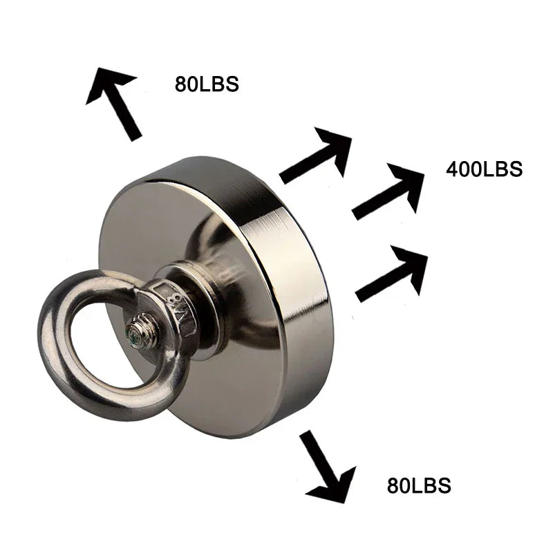 Neodymium fishing magnet showing force specifications in pounds.