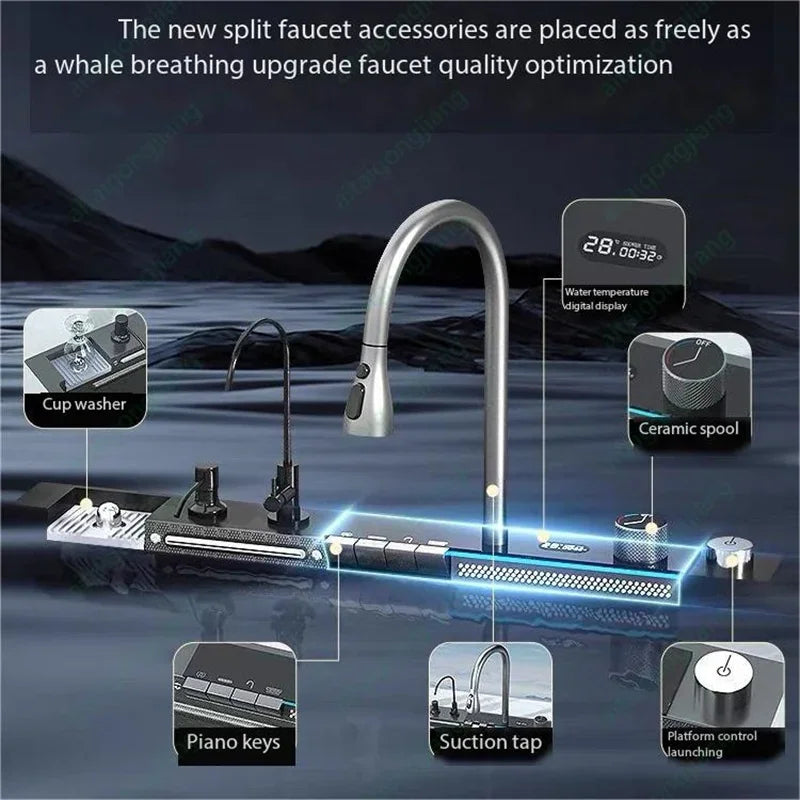 Large rectangular stainless steel kitchen sink with digital display and integrated faucet – view 6