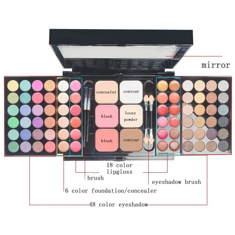 A folding makeup palette with labeled sections for foundation, contour, blush, and eyeshadow