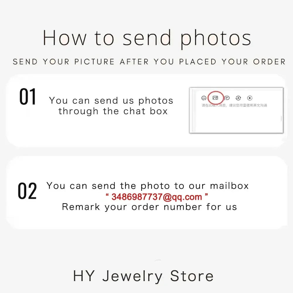 Instructional graphic explaining how to send custom photos for jewelry orders via chat or email.
