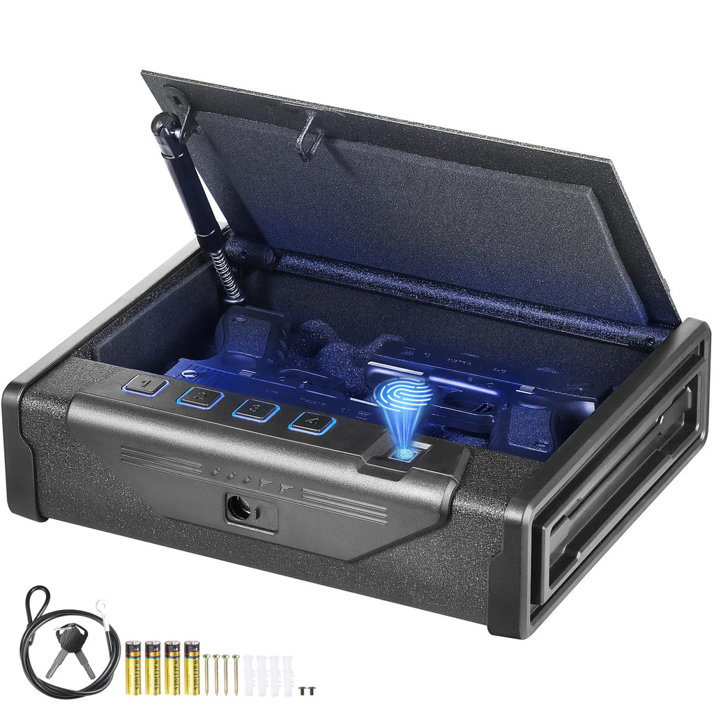 A black biometric pistol safe with two handguns, security cable, keys, and batteries.