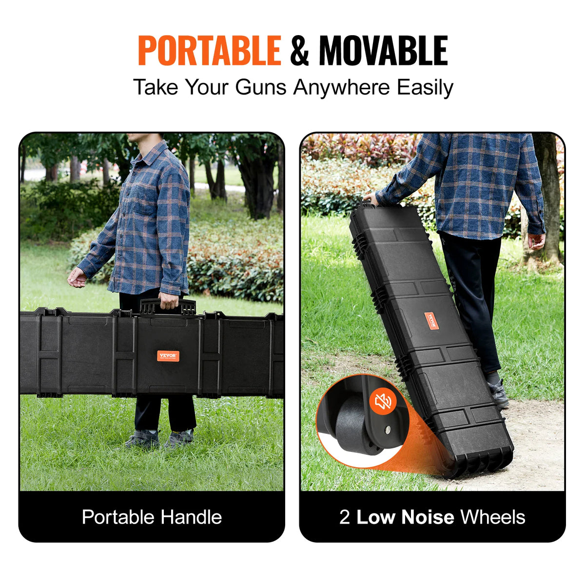 Person carrying a black hard rifle case using a handle and rolling it on wheels