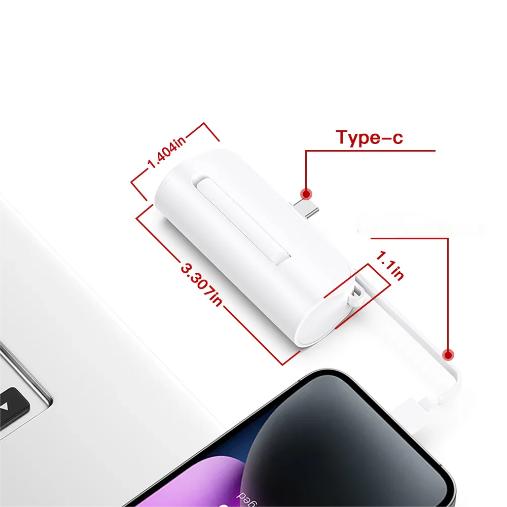 White mini portable power bank showing dimensions in inches and the type-c connector.