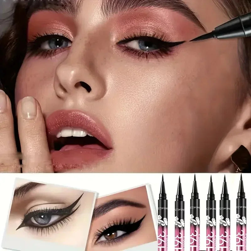 Liquid eyeliner pens shown with two inset photos displaying winged eyeliner makeup styles on an eye