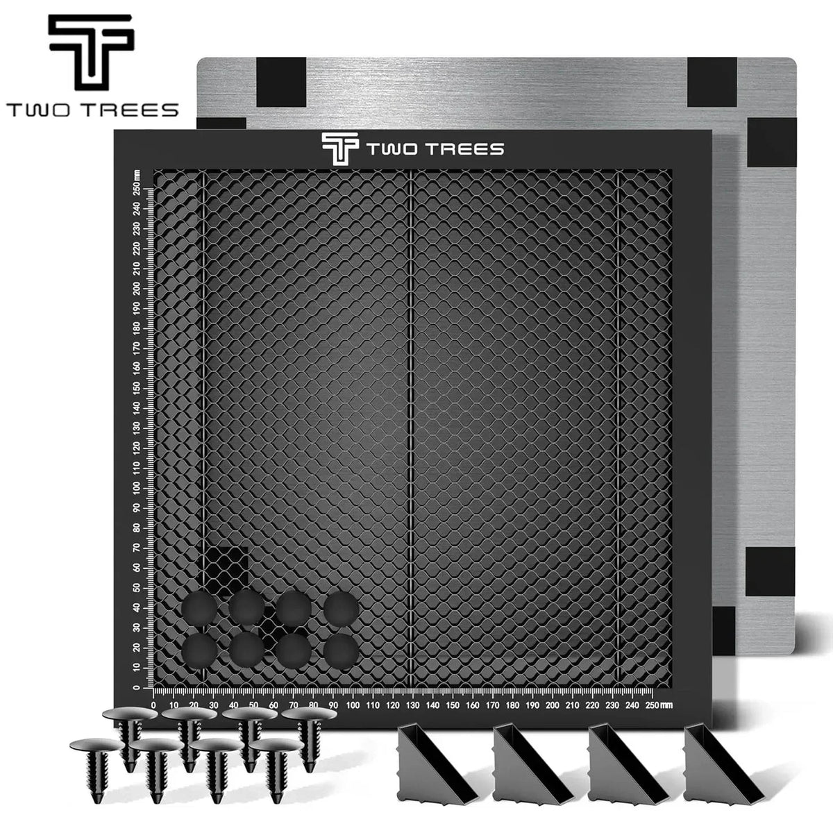 Black honeycomb laser bed with metal base, pins and corner brackets
