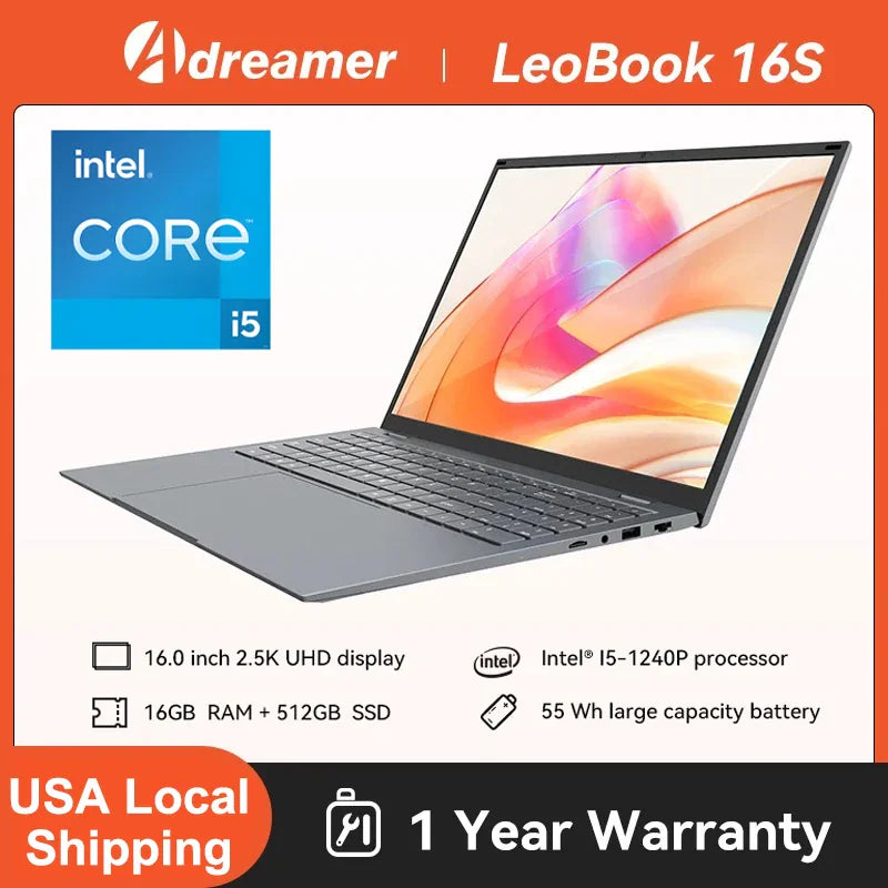A grey 16-inch laptop with a 2.5K display and technical specifications overlaid.