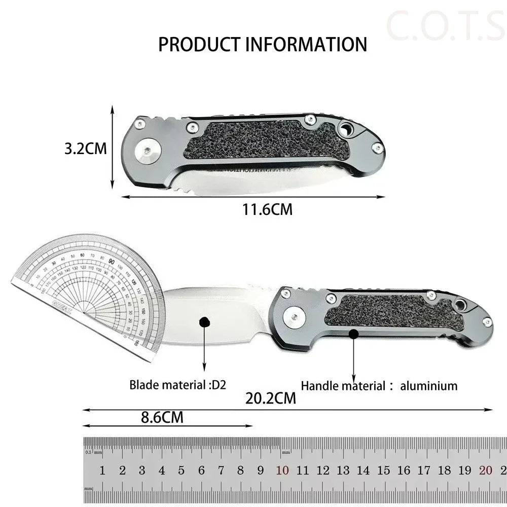 Diagram showing the dimensions of a folding pocket knife with material specifications and a ruler for scale.