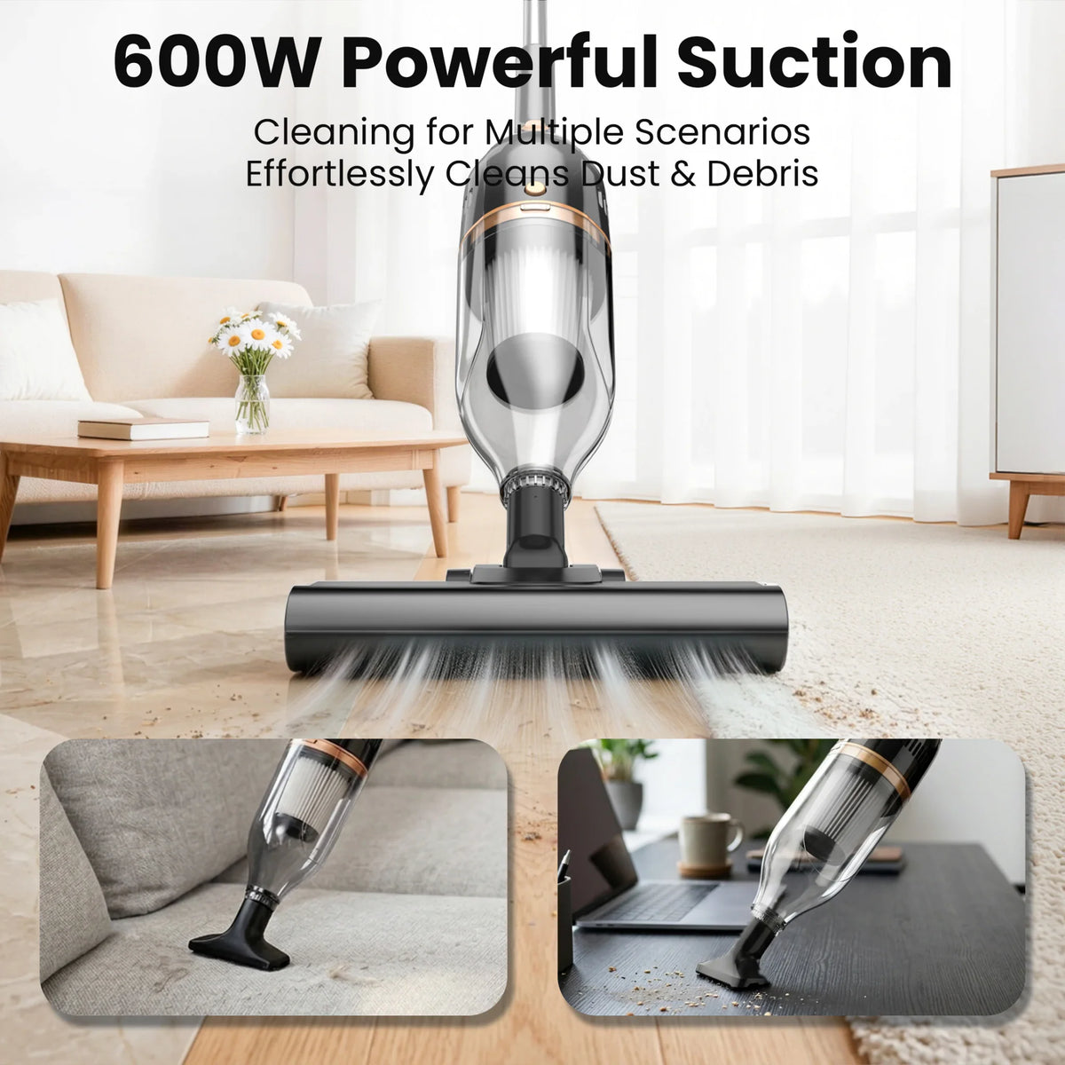 Black stick vacuum cleaner cleaning dust from a living room rug with two inset examples of handheld use