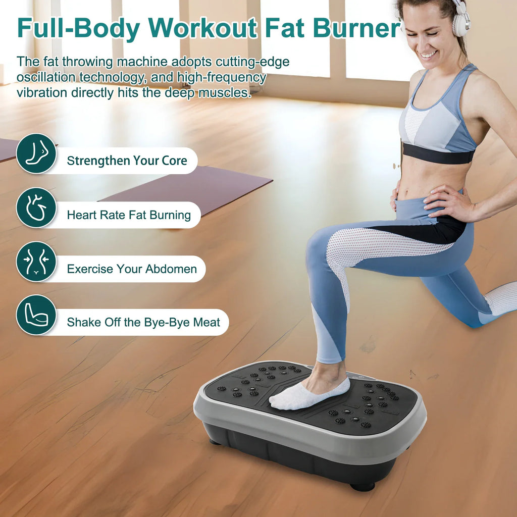 Vibration plate exercise machine being used by a person in workout clothes for a full-body fitness exercise