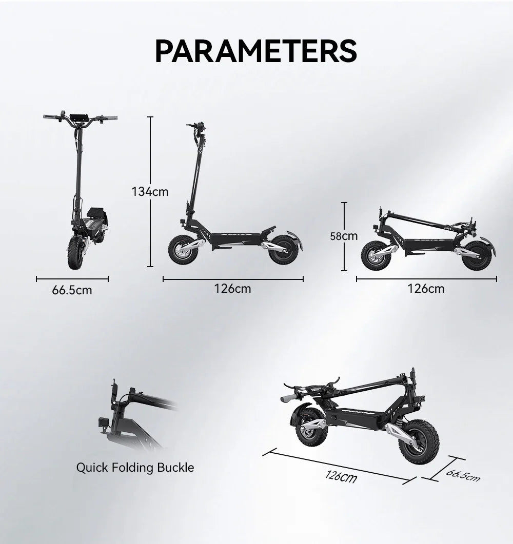 Diagram showing the dimensions of a foldable electric scooter