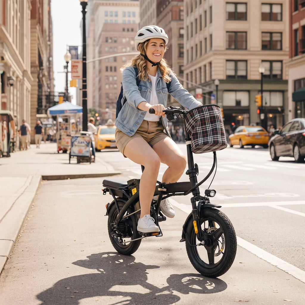 Black Hezzo T5 folding electric bike with 14-inch wheels and front basket – view 8