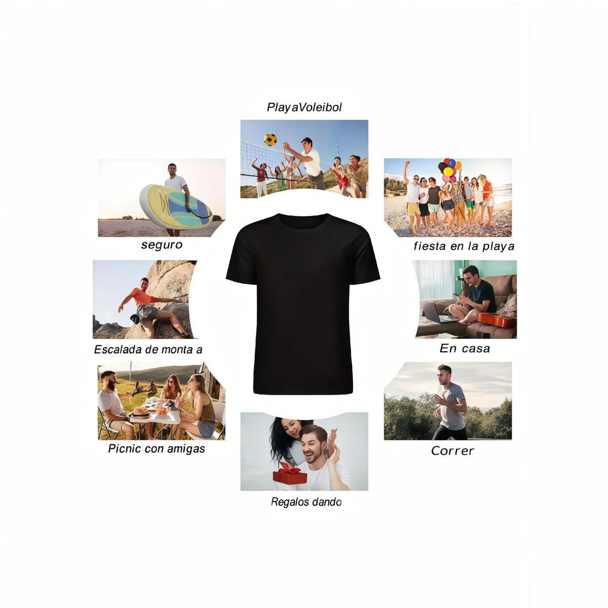 A black t-shirt surrounded by various lifestyle scene images including beach, sports, and home activities.
