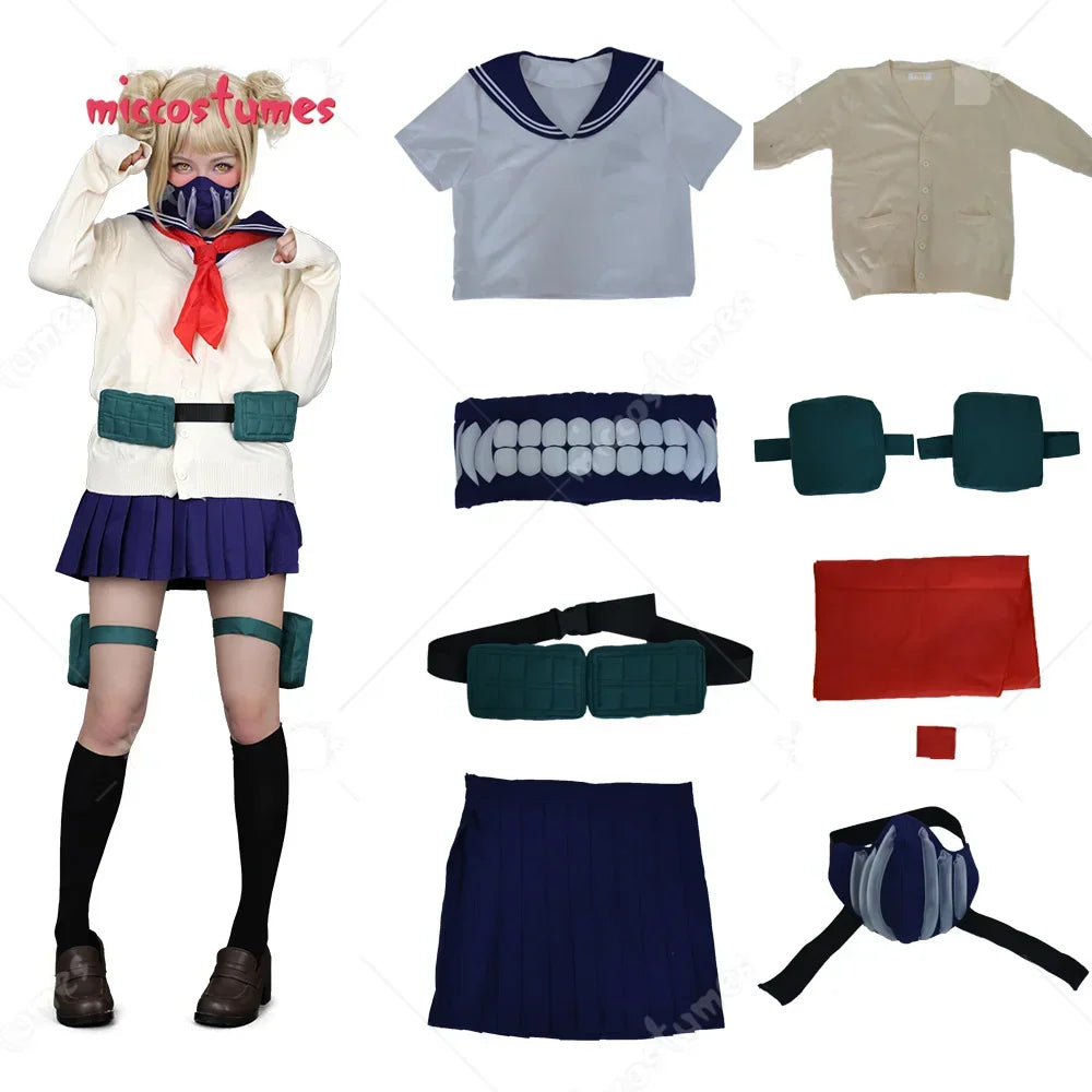 Anime school uniform cosplay costume set for women with cardigan, skirt, mask, and accessories