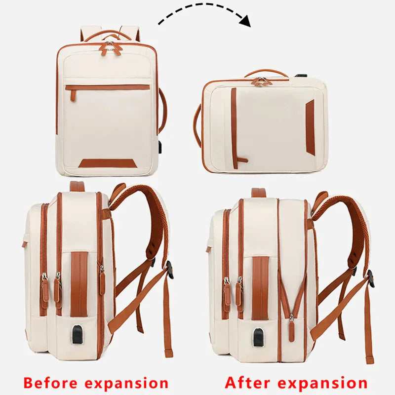 Demonstration of a beige backpack showing before and after expansion with arrows