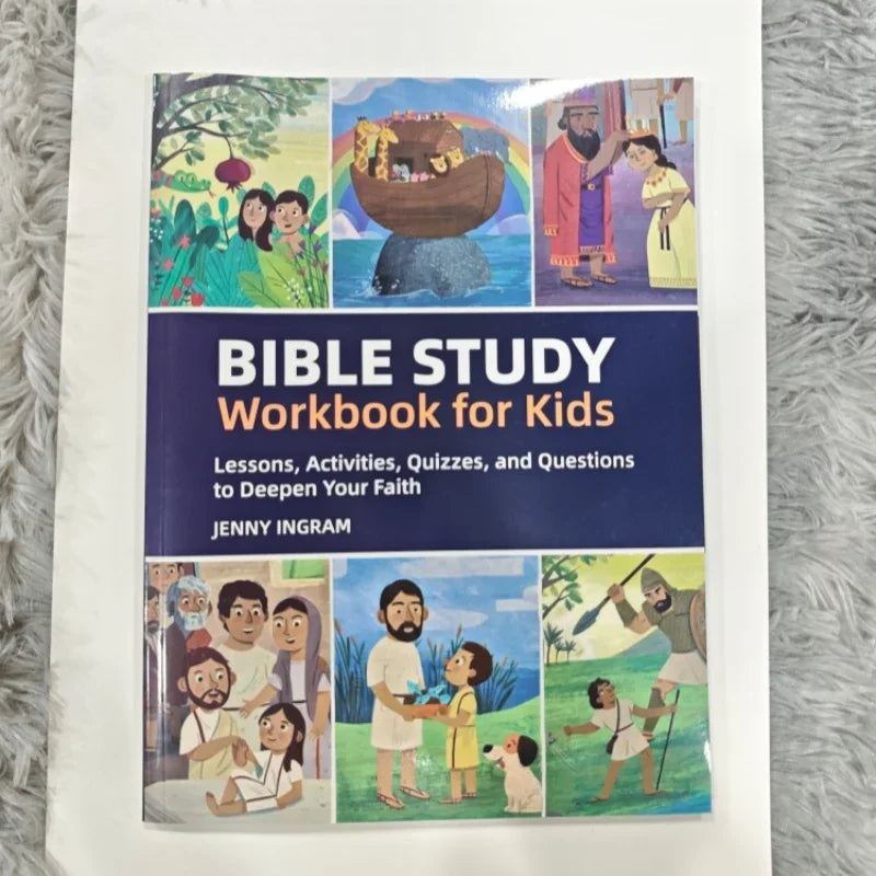 Bible study workbook for kids on a fuzzy white rug