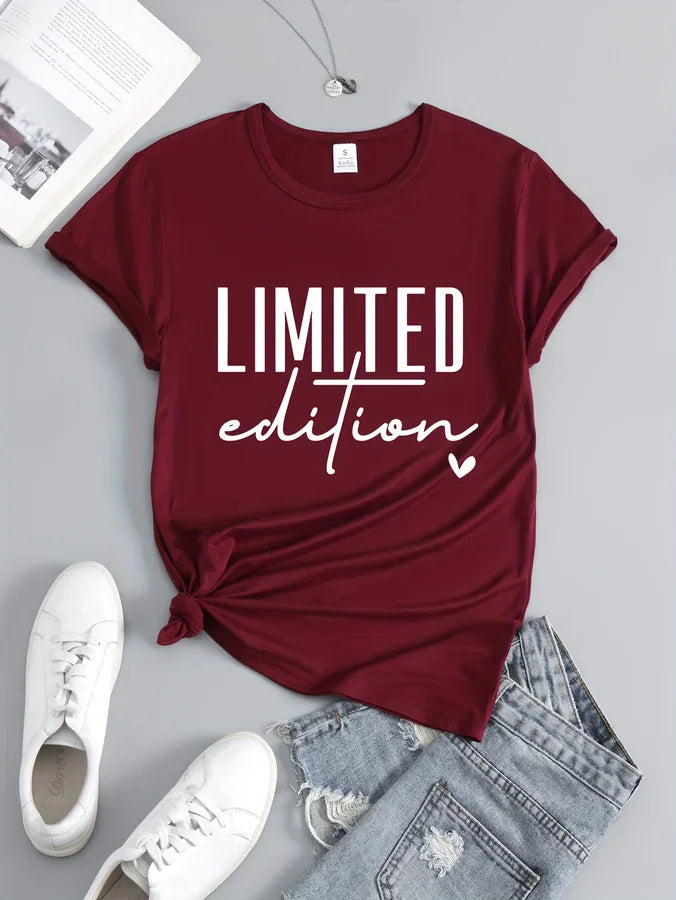 Burgundy women's round neck t-shirt with Limited Edition text and heart graphic
