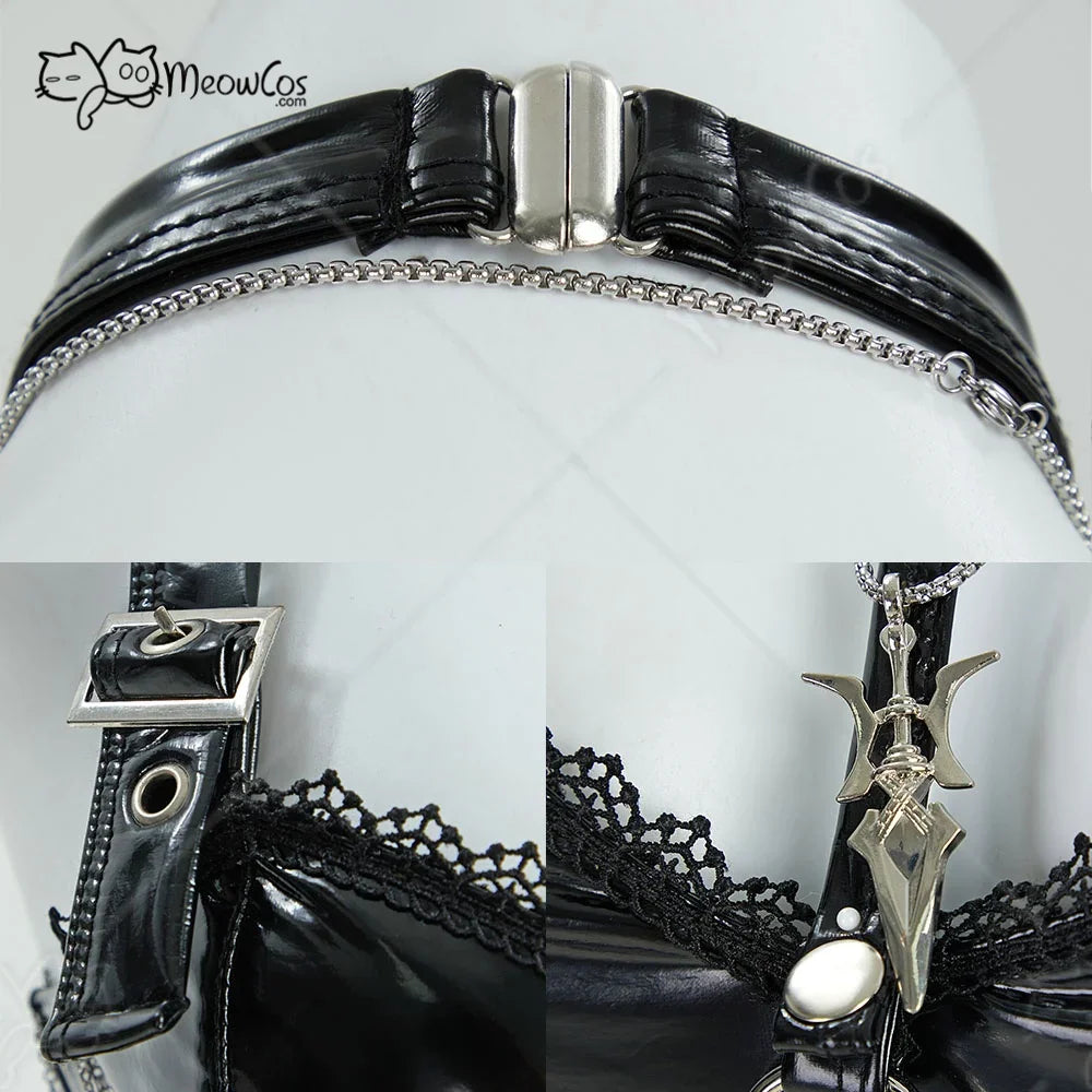 Close-up details of black gothic choker, necklace pendant, and corset buckle attachments