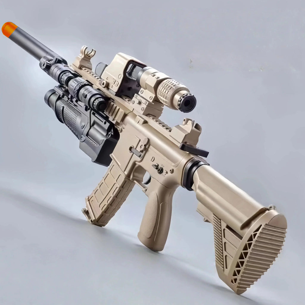 Tan M416 gel blaster toy with tactical scope and accessories viewed from the side.
