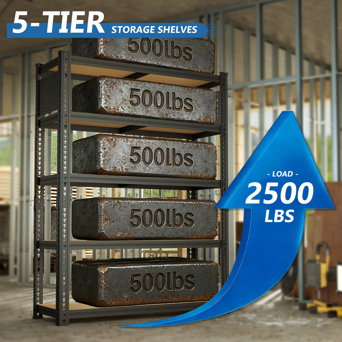 A 5-tier metal shelving unit with large heavy weights on each shelf demonstrating weight capacity.